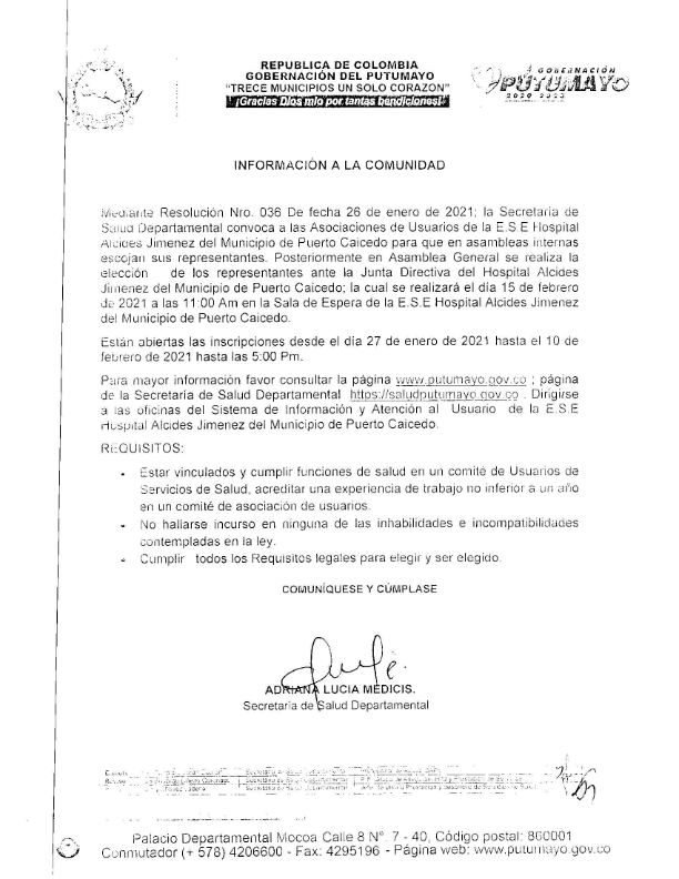 Resolución Nro. 036 - Convoca a las Asociaciones de Usuarios de la E.S.E  Hospital Alcides Jiménez del municipio de Puerto Caicedo