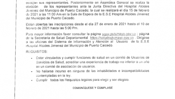 Resolución Nro. 036 - Convoca a las Asociaciones de Usuarios de la E.S.E  Hospital Alcides Jiménez del municipio de Puerto Caicedo